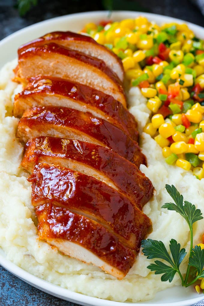 Smoked Chicken Breast Recipe | BBQ Chicken | Smoked Chicken #bbq #chicken #smoker #dinner #glutenfree #ezlod Sliced smoked chicken breast over mashed potatoes and corn.