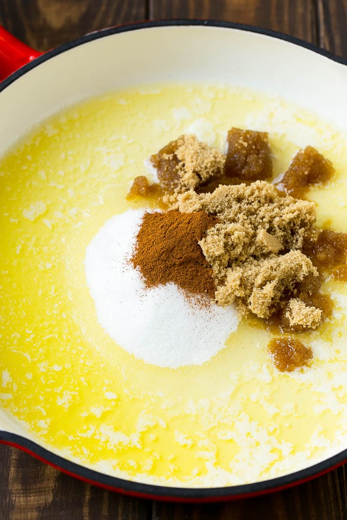 Fried Apples Recipe | Sauteed Apples | Cinnamon Sugar Apples #apples #cinnamon #sugar #sidedish #dessert #ezlod #fall Butter, brown sugar, granulated sugar and cinnamon in a pan.