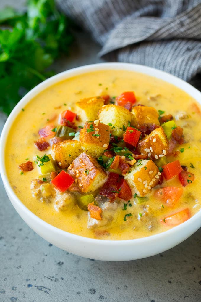 Cheeseburger Soup Recipe | Hamburger Soup | Cheese Soup #soup #groundbeef #hamburger #cheese #bacon #dinner #ezlod A bowl of cheeseburger soup