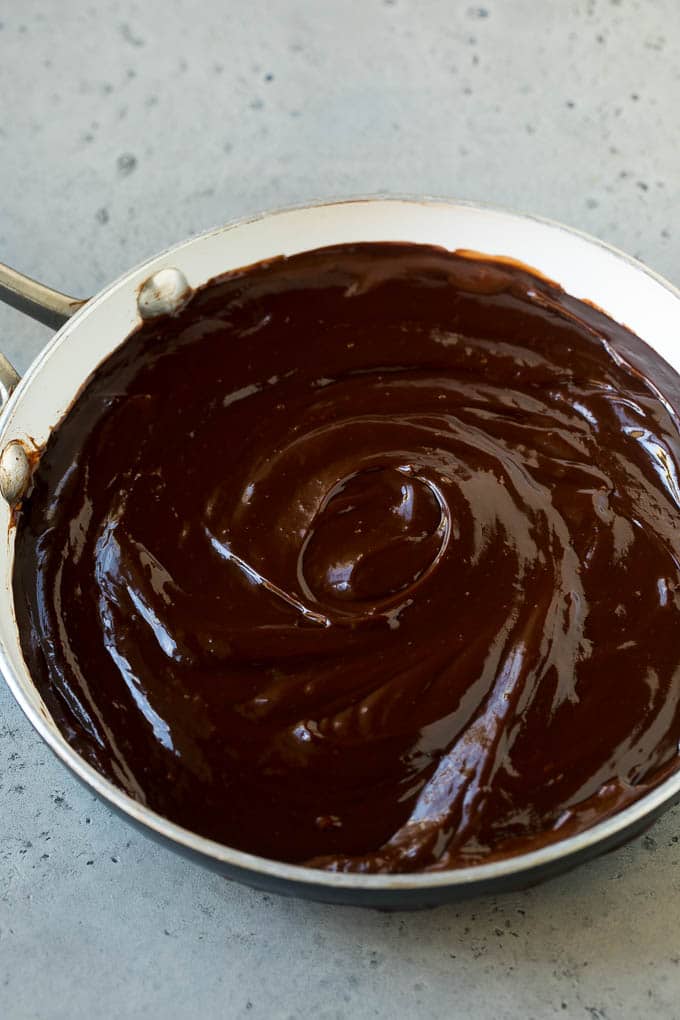 Chocolate Fondue Recipe | Chocolate Sauce | Chocolate Dip #chocolate #dessert #glutenfree #fondue #ezlod Melted dip in a skillet.