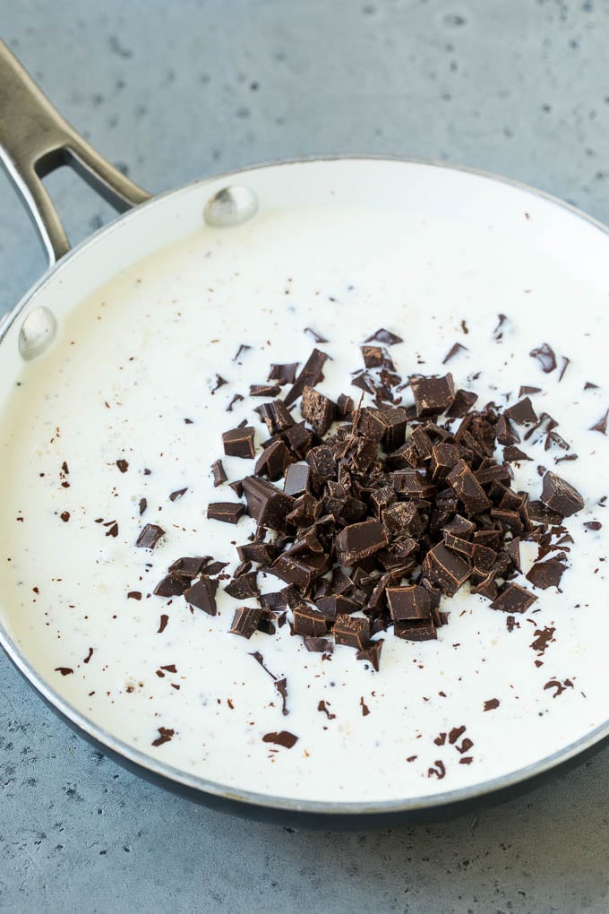 Chocolate Fondue Recipe | Chocolate Sauce | Chocolate Dip #chocolate #dessert #glutenfree #fondue #ezlod Chopped semi-sweet chunks and heavy cream in a skillet.