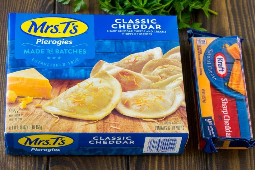 Pierogi Casserole Recipe | Potato Casserole #pierogis #casserole #bacon #cheddar #dinner #ezlod A box of pierogies and a block of cheddar cheese.