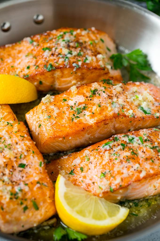 Pan Seared Salmon Recipe | Garlic Butter Salmon | Seared Salmon #salmon #garlic #butter #keto #lowcarb #dinner #ezlod A pan of seared salmon in a butter sauce.