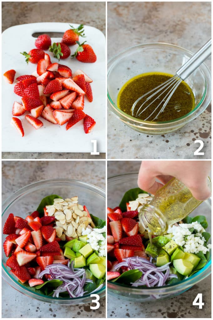 Strawberry Spinach Salad Recipe | Strawberry Salad | Spinach Salad #spinach #salad #strawberries #avocado #ezlod A collage showing the steps of how to make spinach salad.