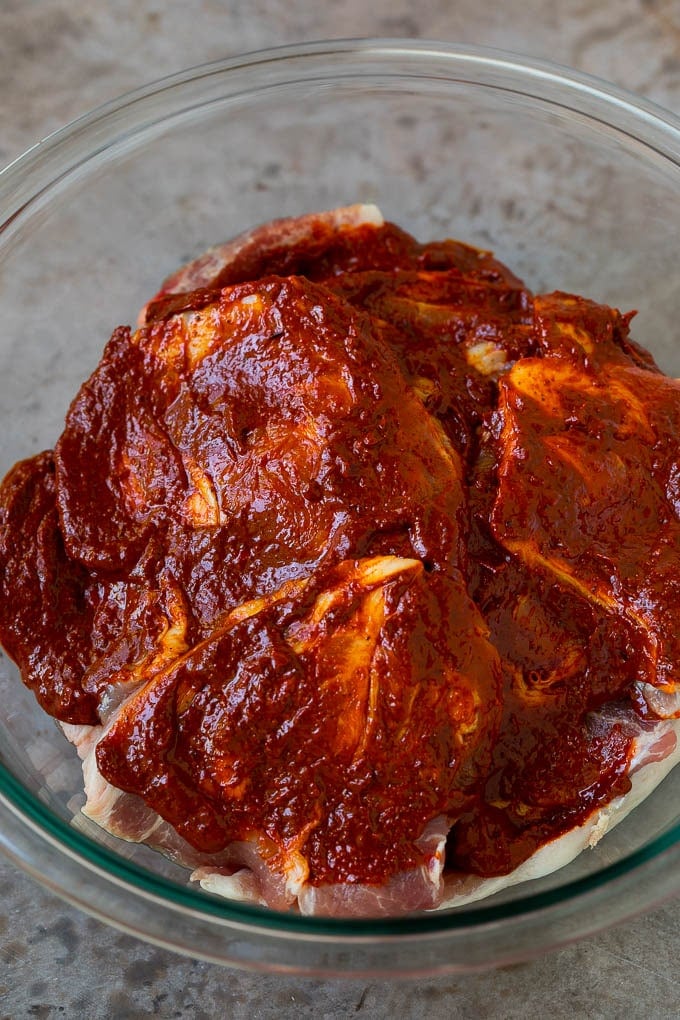 Tacos al Pastor Recipe | Pork Tacos | Mexican Tacos #tacos #pork #pineapple #grilling #tacotuesday #dinner #ezlod Sliced pork shoulder coated in a chile based marinade.