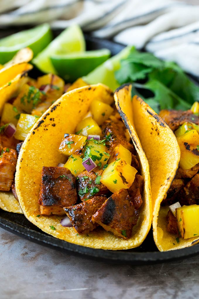 Tacos al Pastor Recipe | Pork Tacos | Mexican Tacos #tacos #pork #pineapple #grilling #tacotuesday #dinner #ezlod Tacos al pastor stuffed with grilled pork, pineapple, red onion and cilantro.