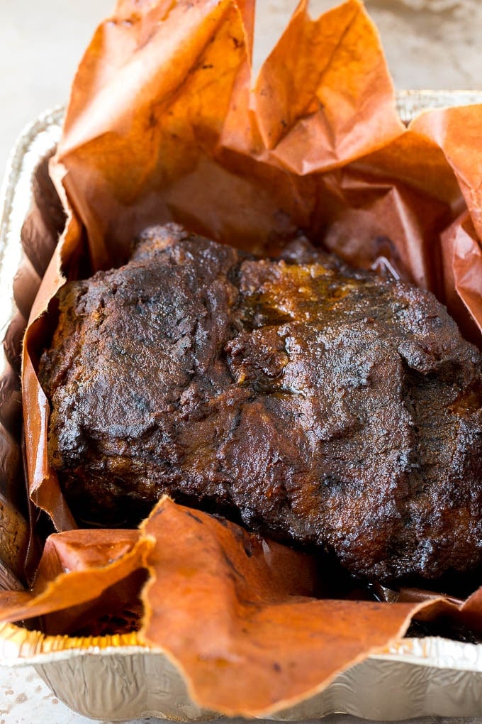 Burnt Ends Recipe | Smoked Brisket | Beef Brisket #brisket #bbq #smoker #beef #dinner #ezlod Smoked brisket in a metal pan.