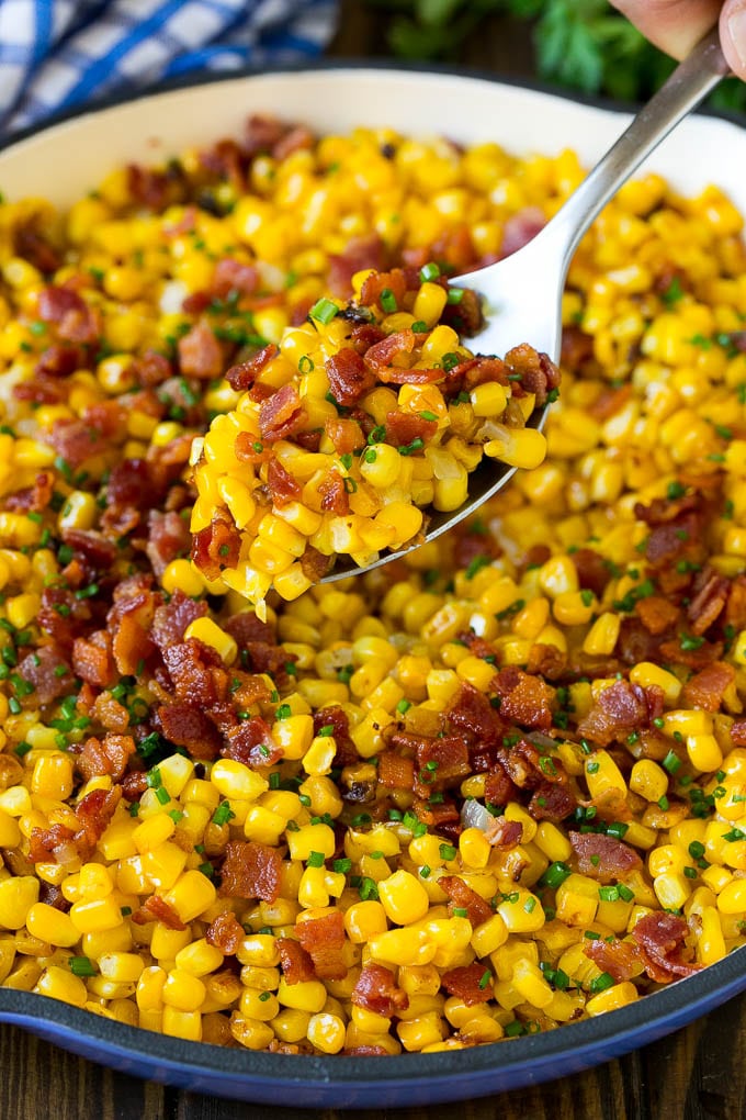 Bacon Fried Corn Recipe | Sauteed Corn | Corn Side Dish #corn #bacon #sidedish #glutenfree #dinner #ezlod A spoonful of fried corn made with bacon and onions.
