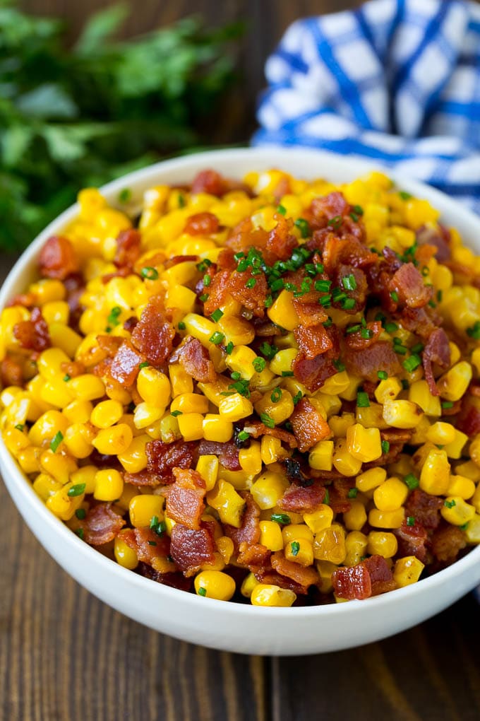 Bacon Fried Corn Recipe | Sauteed Corn | Corn Side Dish #corn #bacon #sidedish #glutenfree #dinner #ezlod A serving bowl of Southern fried corn with bacon.