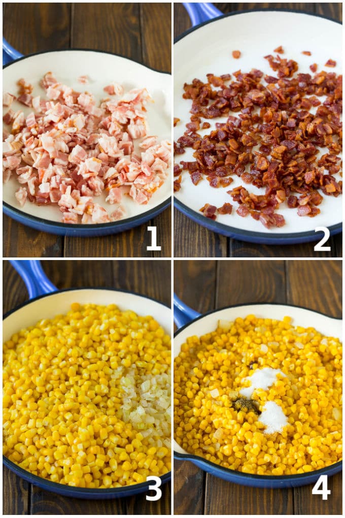 Bacon Fried Corn Recipe | Sauteed Corn | Corn Side Dish #corn #bacon #sidedish #glutenfree #dinner #ezlod Step by step process shots of corn and bacon being cooked.