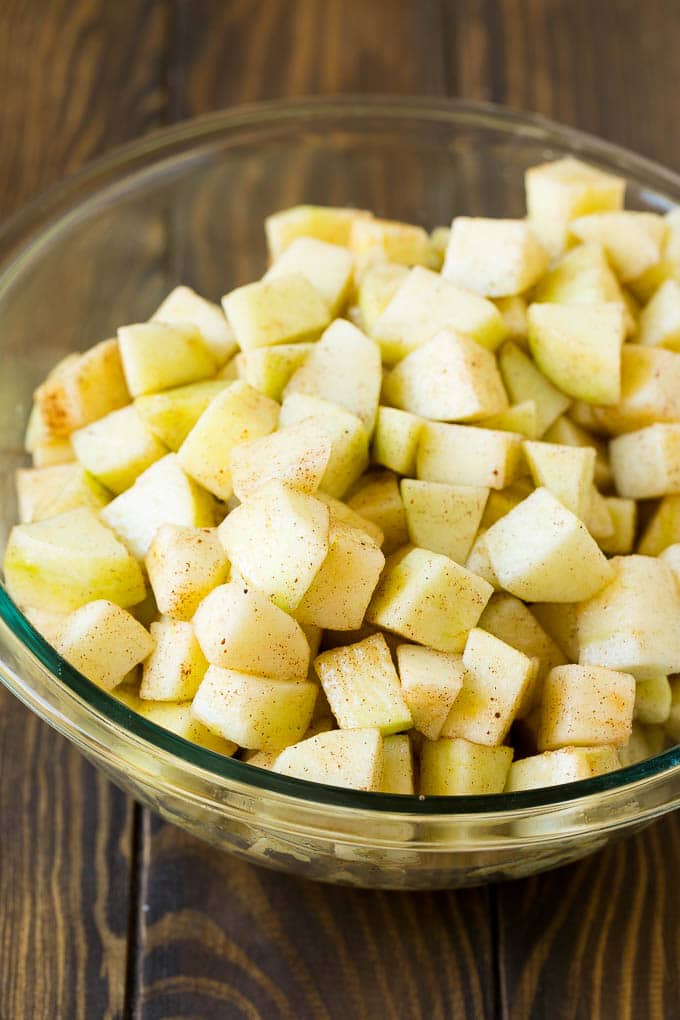Apple Cobbler Recipe | Apple Dessert #apples #cobbler #dessert #baking #fall #ezlod Diced apples tossed with cinnamon and sugar.