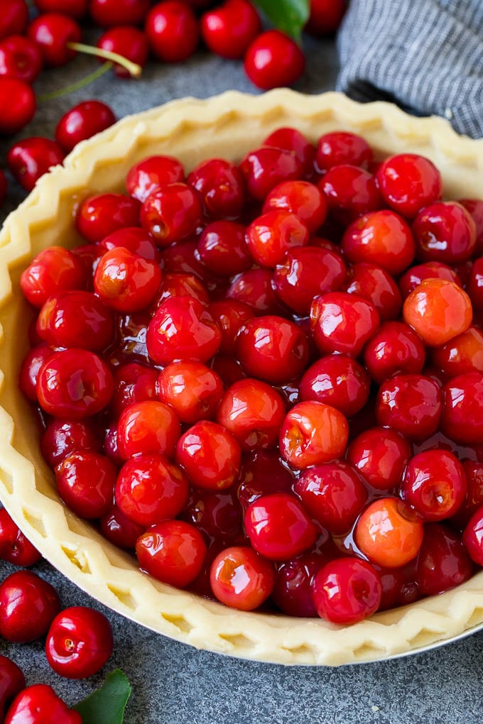 Cherry Pie Filling Recipe #pie #cherries #dessert #sweets #ezlod #summer Cherry pie filling inside of an unbaked pie crust.