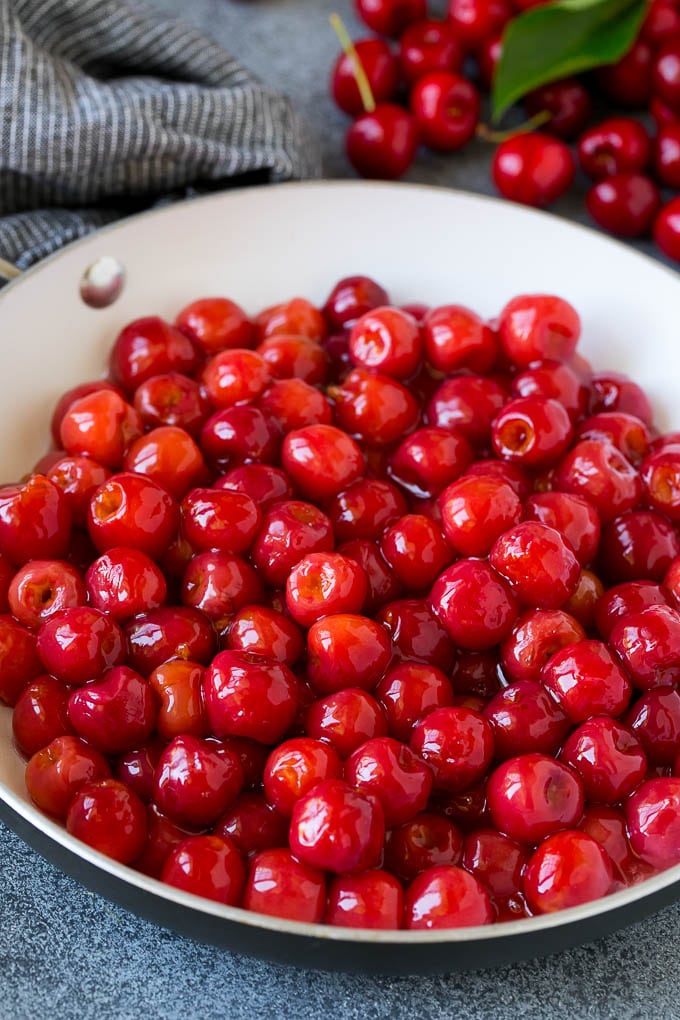 Cherry Pie Filling Recipe #pie #cherries #dessert #sweets #ezlod #summer Cooked cherries in a skillet.