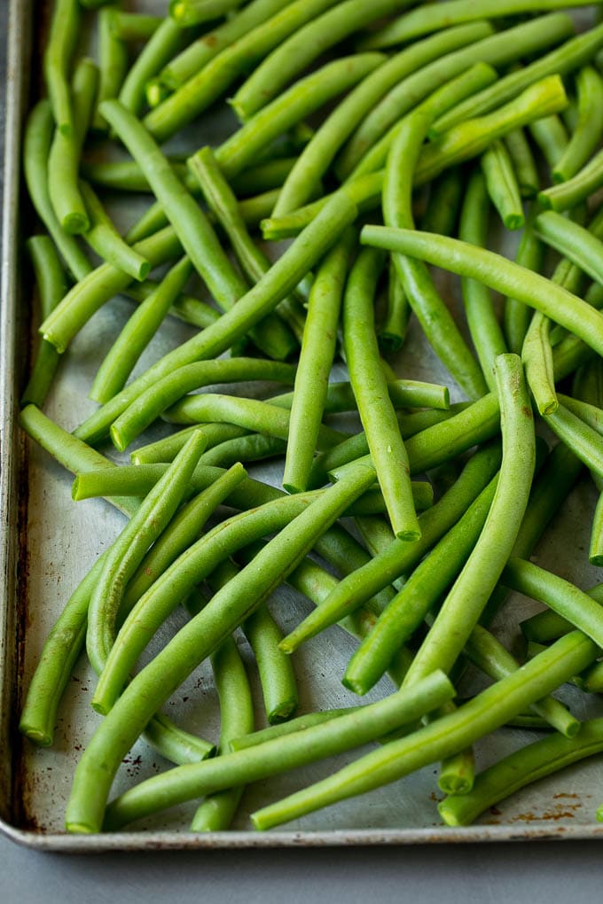 Fried Green Beans Recipe | Green Beans #greenbeans #appetizer #snack #ezlod Green beans on a sheet pan.
