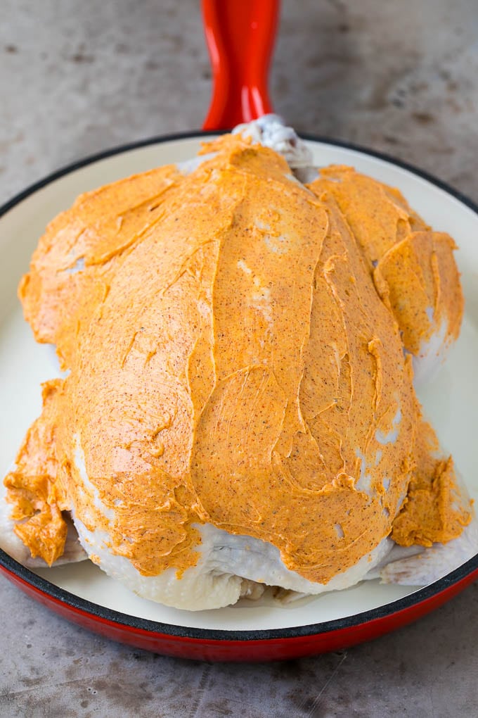 Rotisserie Chicken Recipe | Roasted Chicken #chicken #dinner #ezlod #comfortfood Chicken coated in butter and spices.