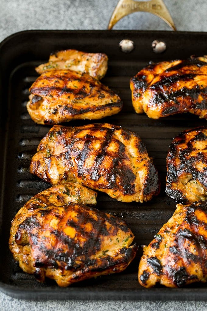 Grilled Chicken Thighs Recipe | Marinated Chicken Thighs #chicken #grilling #marinade #dinner #cilantro #lime #ezlod Poultry cooked on a grill pan.