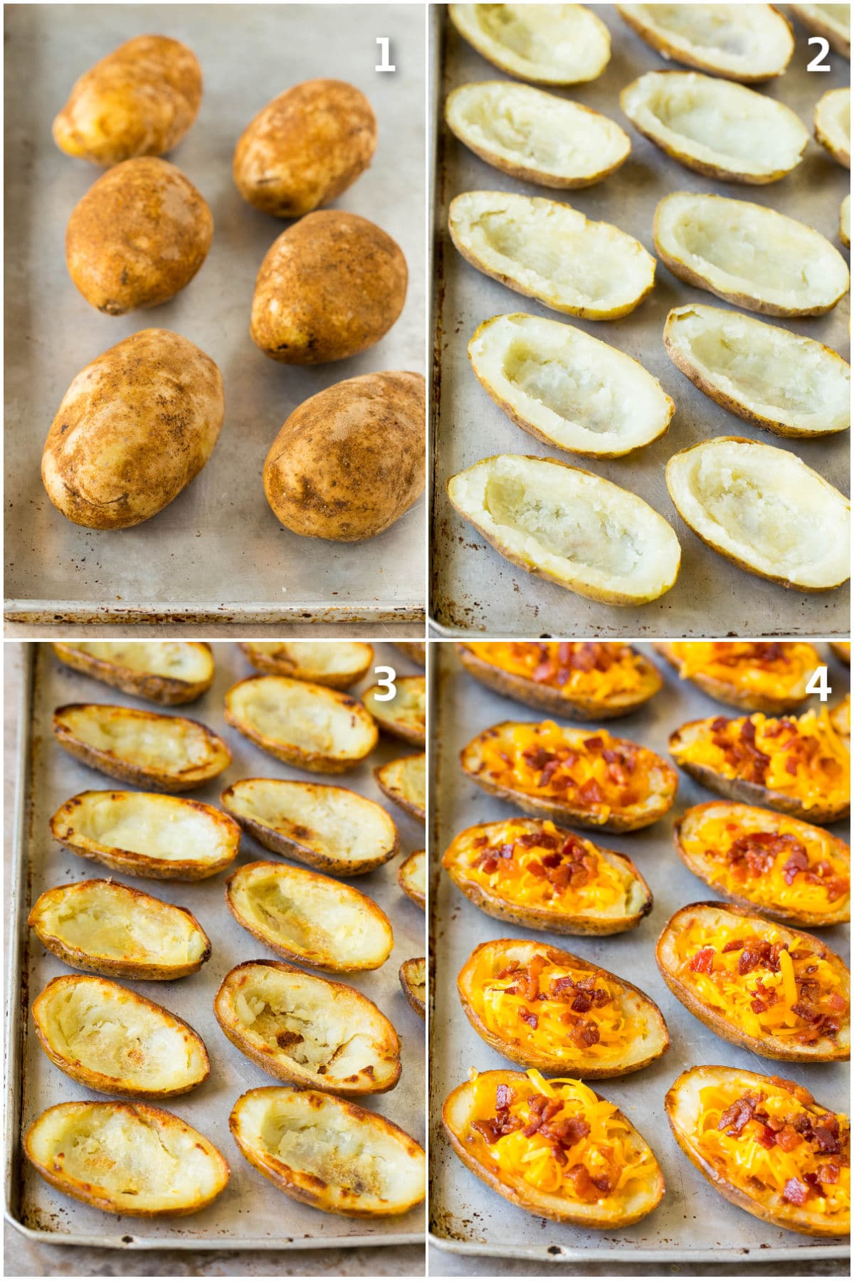 Potato Skins Recipe | Loaded Potatoes #potatoes #appetizer #snack #cheese #bacon #ezlod Step by step photos of potatoes being baked and filled with toppings.