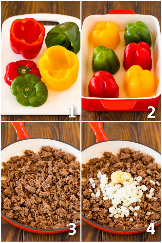 Stuffed Bell Peppers Recipe | Stuffed Peppers #beef #rice #peppers #dinner #cheese #ezlod Step by step process shots on cooking bell peppers and ground beef.