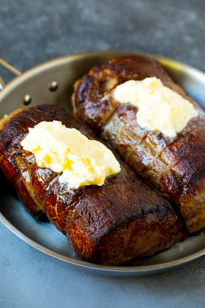 Beef Tenderloin with Garlic Butter #beef #steak #dinner #ezlod Beef roasts topped with garlic butter.