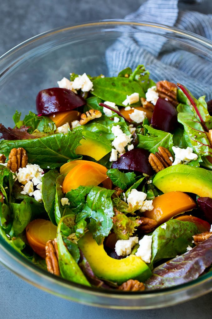 Beet Salad Recipe #beets #avocado #feta #salad #dinner #ezlod Beet salad with mixed greens, feta cheese and avocado.