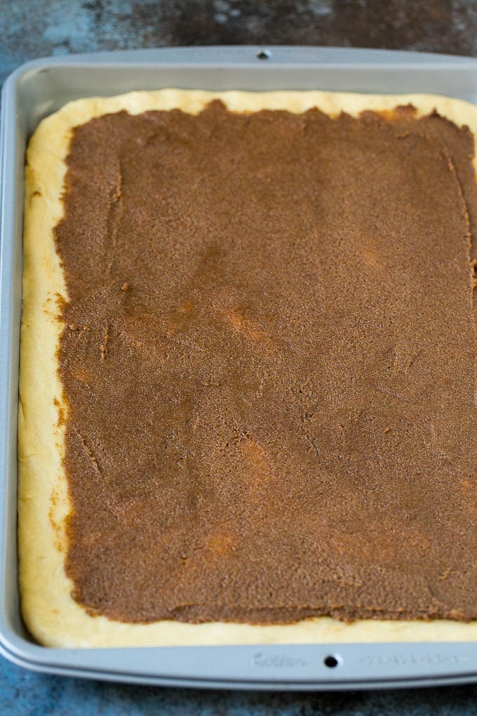 Cinnamon Rolls Recipe | Cinnamon Buns #cinnamon #rolls #pastry #breakfast #brunch #sweets #ezlod #baking #bread Brown sugar and butter filling spread onto dough.