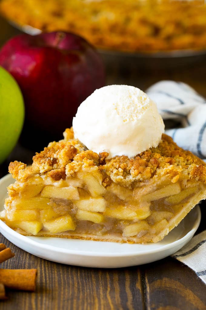Dutch Apple Pie Recipe | Homemade Apple Pie #pie #apple #dessert #baking #fall #ezlod A slice of Dutch apple pie topped with ice cream.