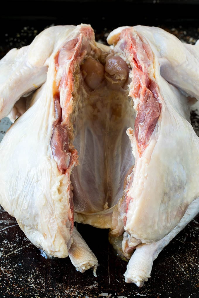 Spatchcock Turkey | Roasted Turkey | Thanksgiving Turkey #turkey #thanksgiving #dinner #fall #christmas #ezlod Raw poultry with the backbone cut out.
