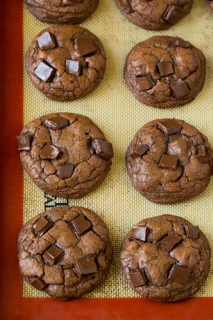 Brownie Cookies Recipe | Chocolate Cookies #cookies #brownies #chocolate #dessert #baking #ezlod Baked chocolate cookies on a sheet pan.