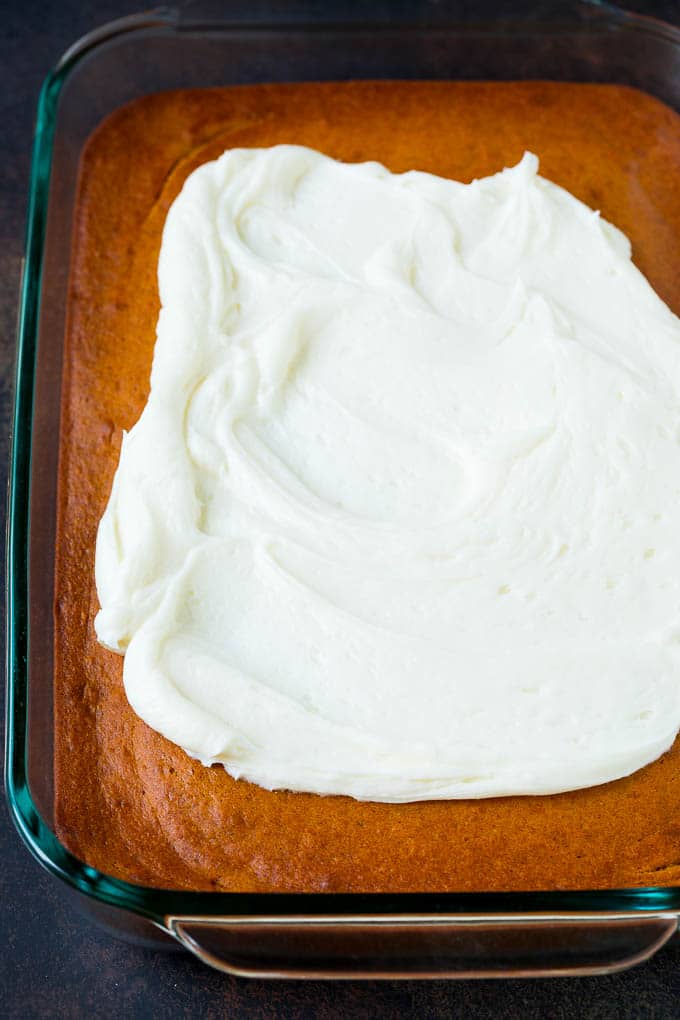 Pumpkin Cake Recipe | Pumpkin Spice Cake #cake #pumpkin #dessert #baking #fall #thanksgiving #ezlod Cream cheese frosting on a fall base.
