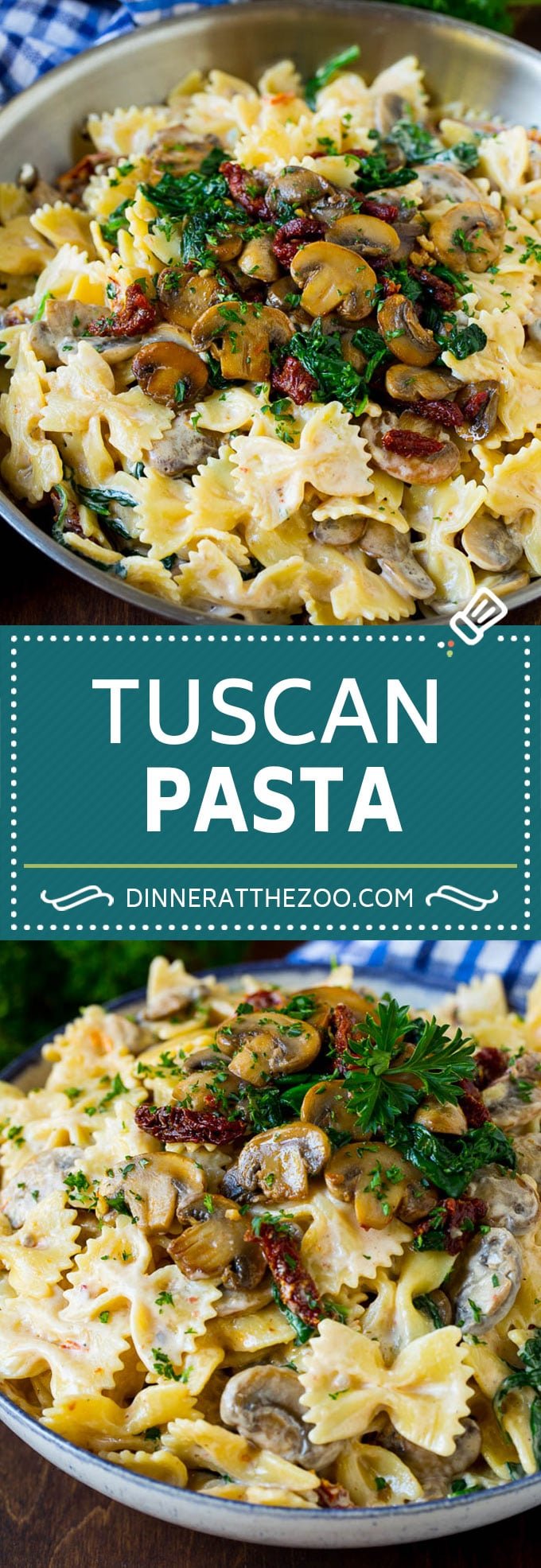 Tuscan Farfalle Pasta Recipe #pasta #cheese #spinach #mushrooms #dinner #ezlod