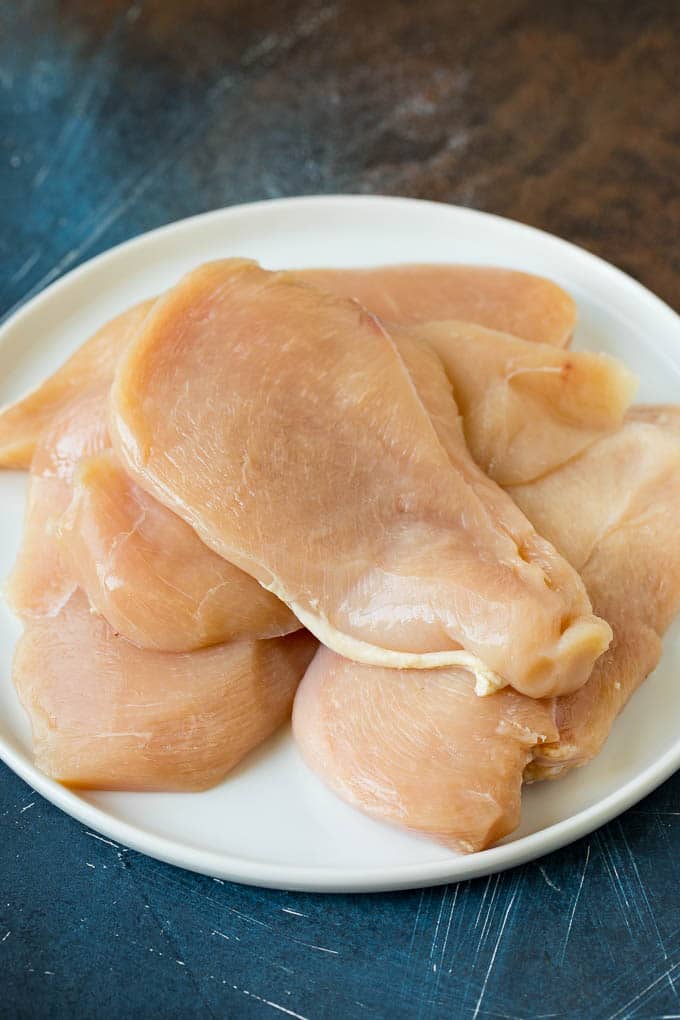 Chicken Francese Recipe #chicken #lemon #dinner #ezlod Thin cut chicken breasts on a plate.