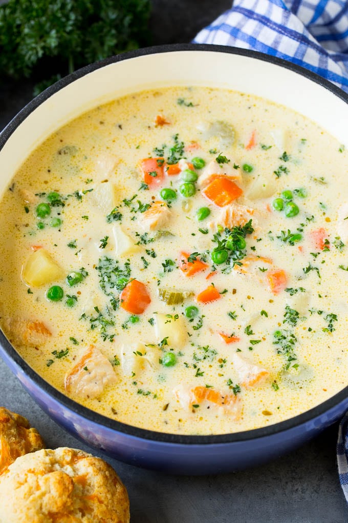 Chicken Pot Pie Soup Recipe | Chicken Soup #soup #chicken #dinner #comfortfood #ezlod Creamy chicken pot pie soup served with biscuits on the side.