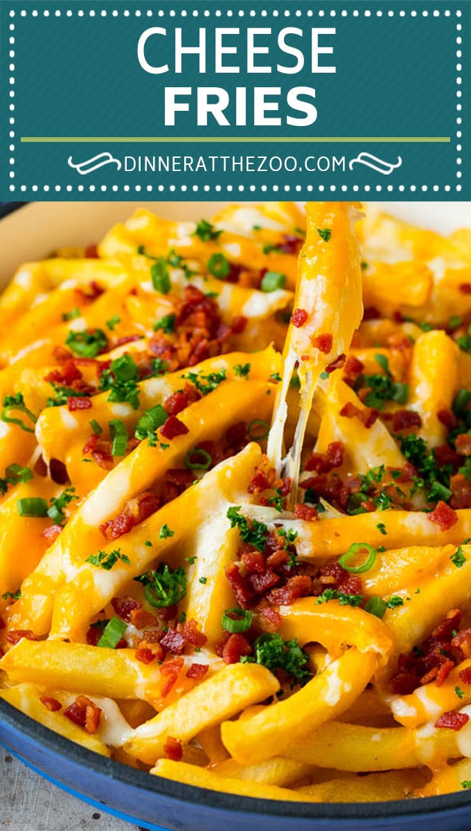 These cheese fries are crispy potatoes topped with plenty of melted cheese, bacon and herbs. #fries #ezlod