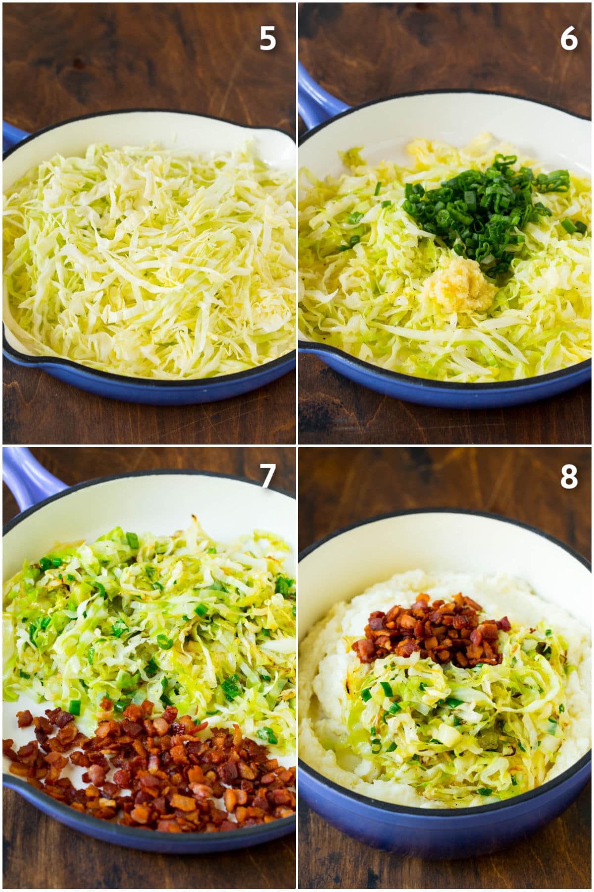Colcannon Recipe | Mashed Potatoes #potatoes #cabbage #bacon #sidedish #stpatricksday #dinner #ezlod Process shots of cabbage being cooked and added to potatoes with bacon.