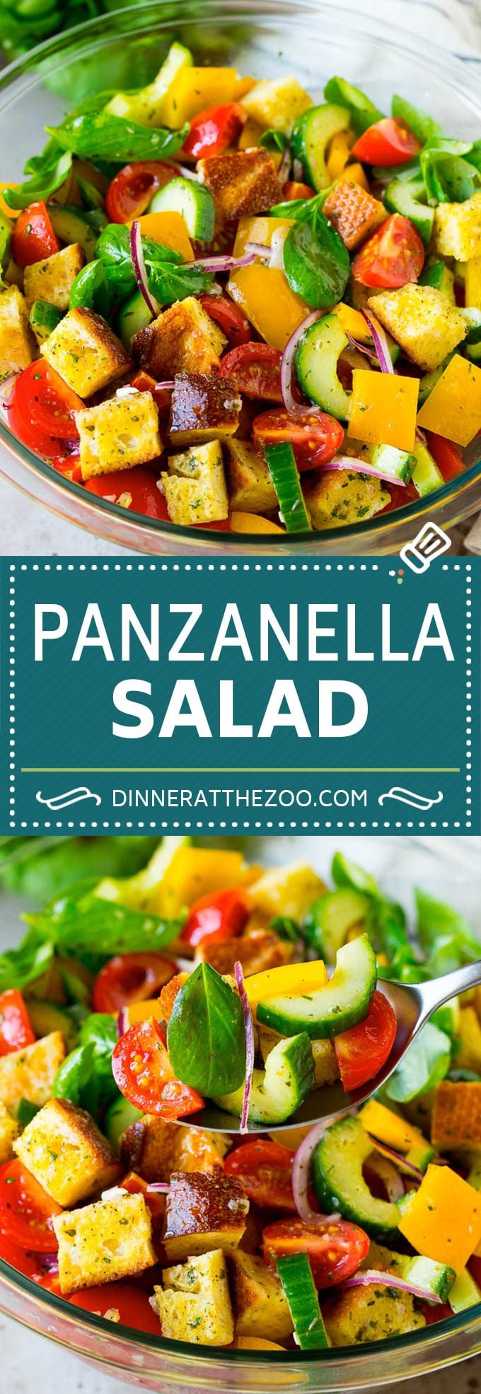 Panzanella salad with toasted bread cubes and colorful vegetables all tossed in a homemade dressing. #salad #ezlod