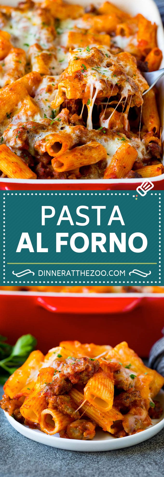 Pasta al Forno is hearty rigatoni noodles tossed in a savory meat sauce then topped with cheese and baked. #pasta #ezlod