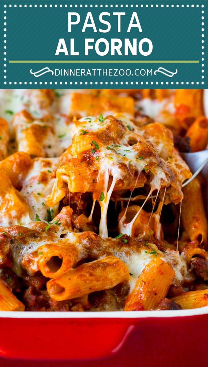 Pasta al Forno is hearty rigatoni noodles tossed in a savory meat sauce then topped with cheese and baked. #pasta #ezlod