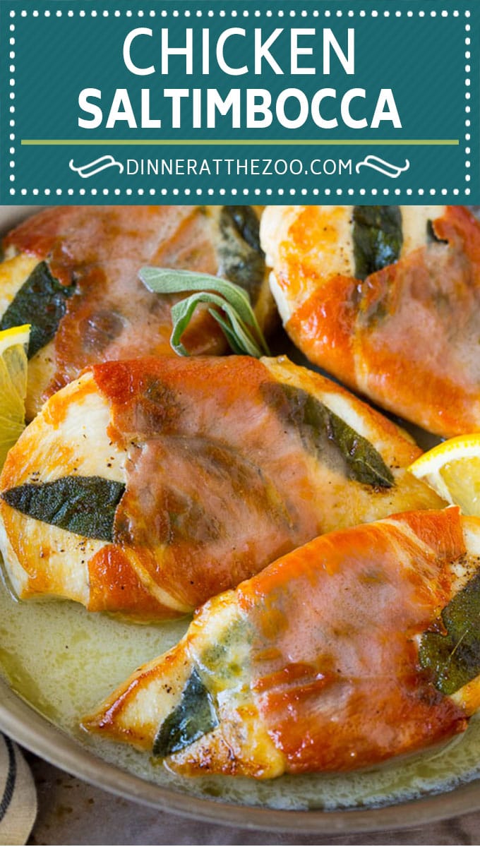 Chicken saltimbocca is chicken cutlets flavored with sage and prosciutto in a lemon sauce. #chicken #ezlod