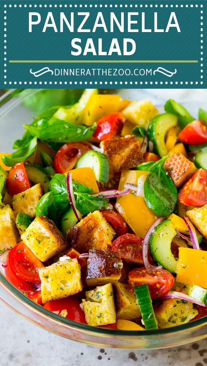 Panzanella salad with toasted bread cubes and colorful vegetables all tossed in a homemade dressing. #salad #ezlod