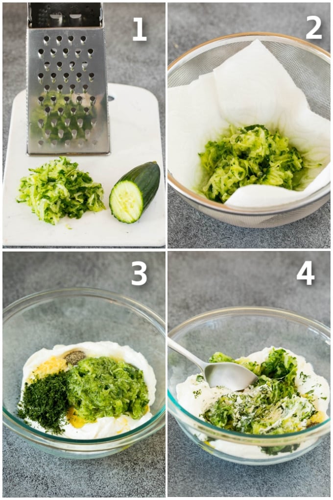 The best homemade tzatziki sauce with cucumber and herbs mixed into Greek yogurt. #appetizer #ezlod Process shots including grated cucumber, ingredients in a bowl, and a spoon stirring everything.