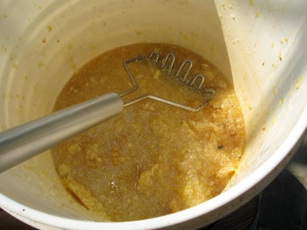 Mashed honey comb in the first stage of honey extraction