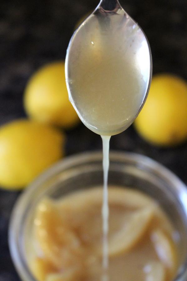 Preserved Lemon Liquid Brine thickens enough to sheet off a spoon