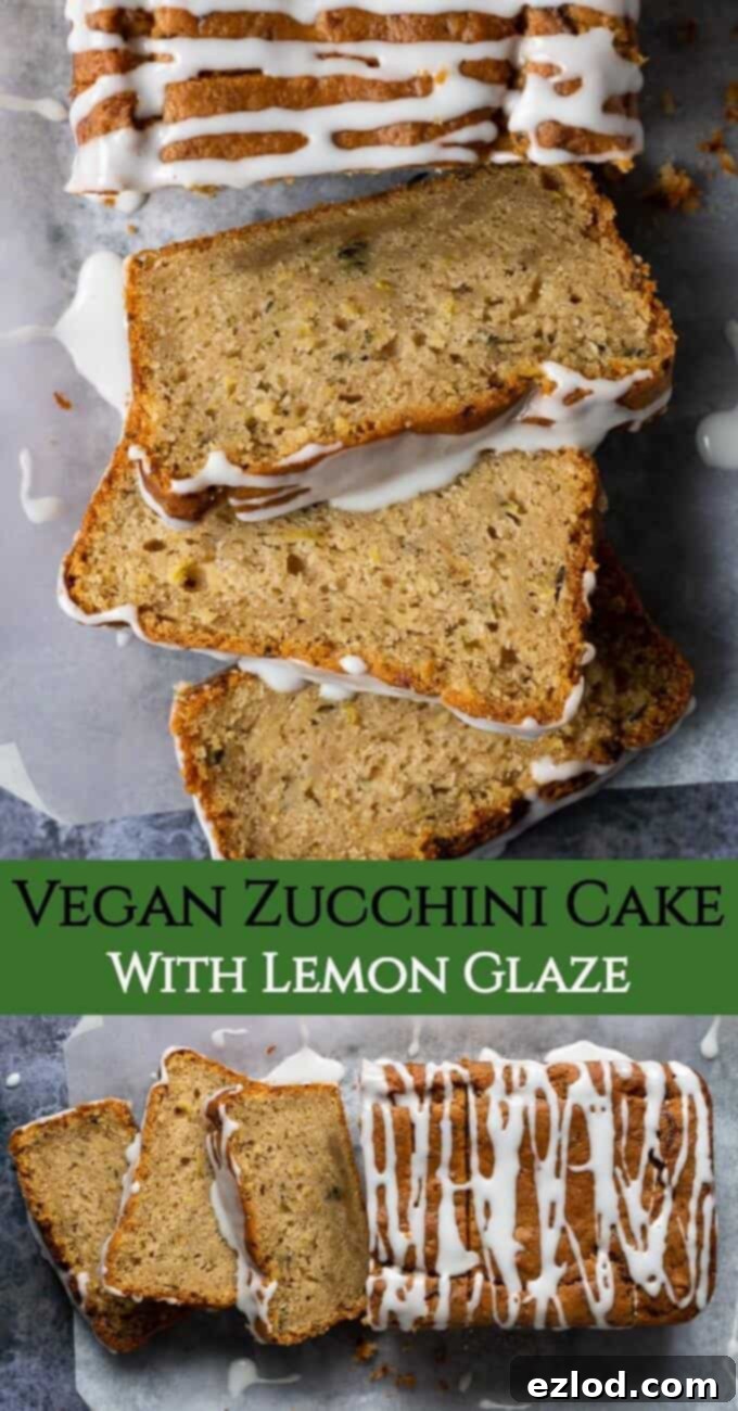 Vegan courgette cake with lemon glaze - this easy, one-bowl, eggless and dairy-free courgette cake (zucchini cake) is moist, lemony and lightly spiced and is a great way of using up seasonal gluts. #vegancake #veganbaking #loafcake #zucchini Hidden image for SEO or display purposes: A close-up of a vegan courgette cake with lemon glaze, showcasing its moist texture and the vibrant topping. Keywords: #vegancake #veganbaking #loafcake #zucchini