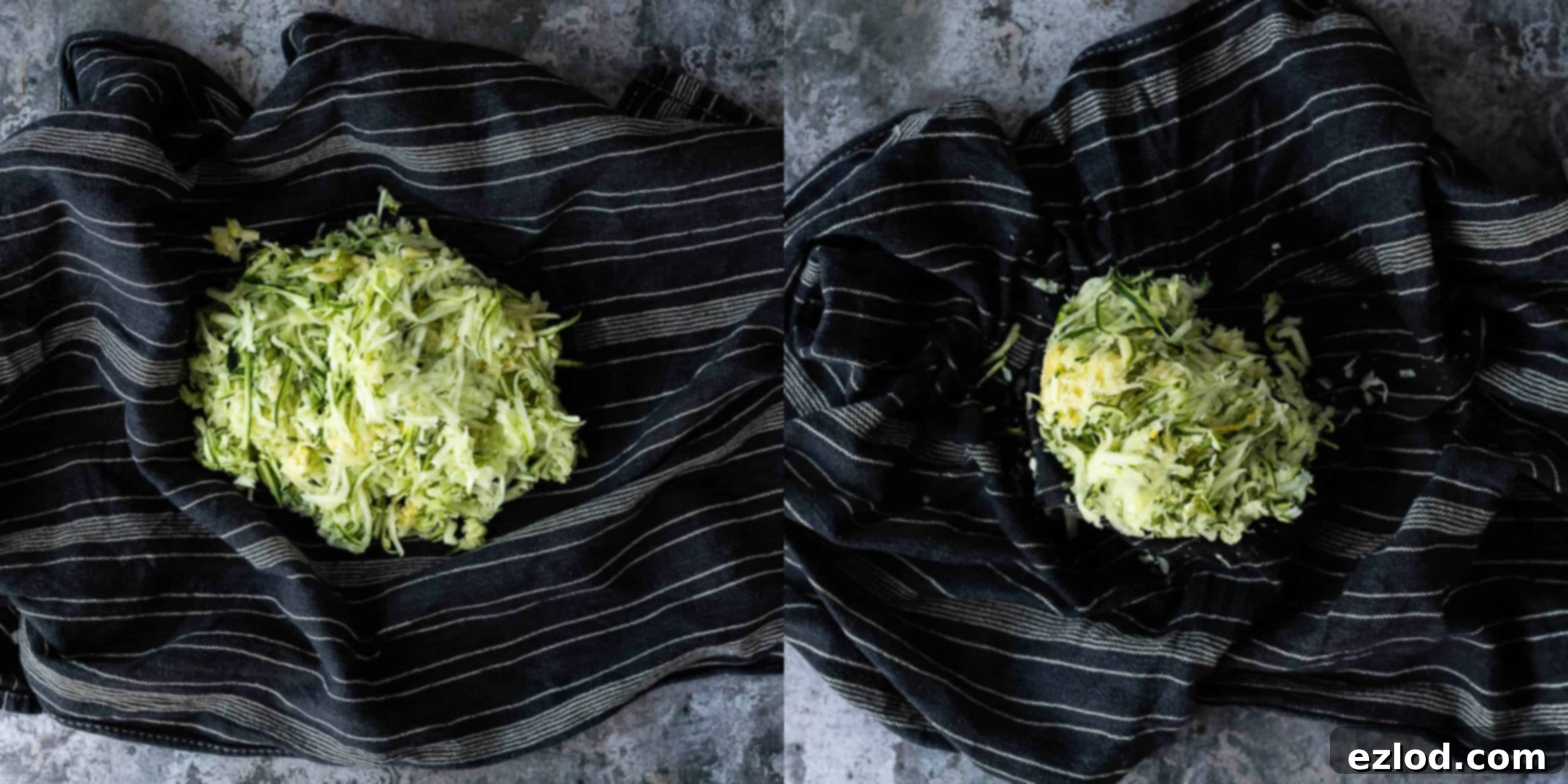 Step 1: Demonstrates the crucial process of firmly squeezing excess moisture out of freshly grated courgettes using a clean tea towel over a kitchen sink, essential for a moist cake.