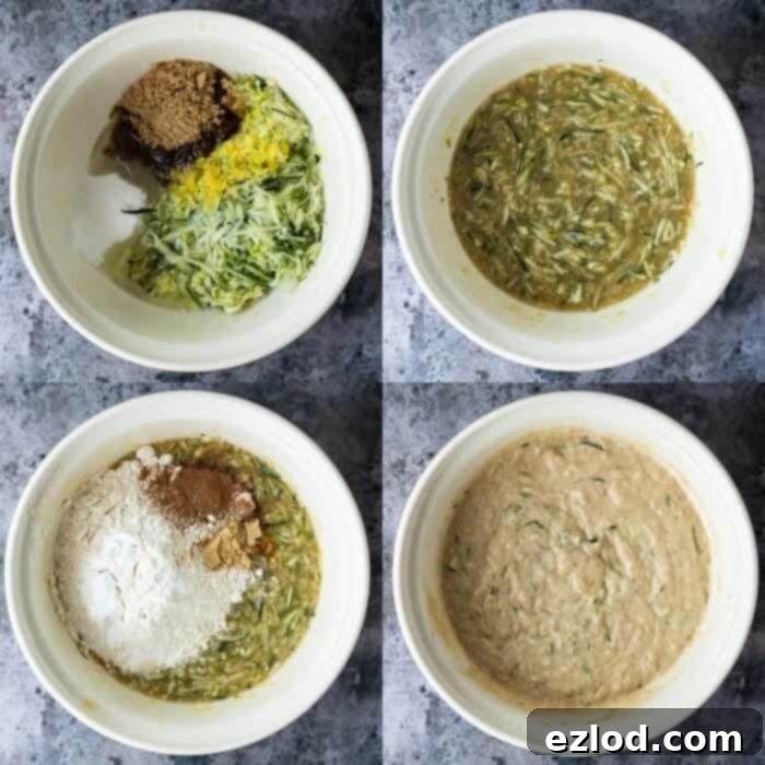 Step 2: Illustrates the mixing of the vegan courgette cake batter in a spacious bowl, showing the transformation of wet and dry ingredients into a smooth and ready-to-bake consistency.