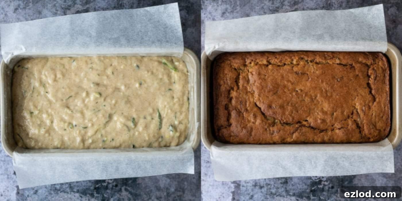 Step 3: Shows a vegan courgette cake in a loaf tin inside the oven, achieving a perfect golden-brown hue as it bakes to completion.