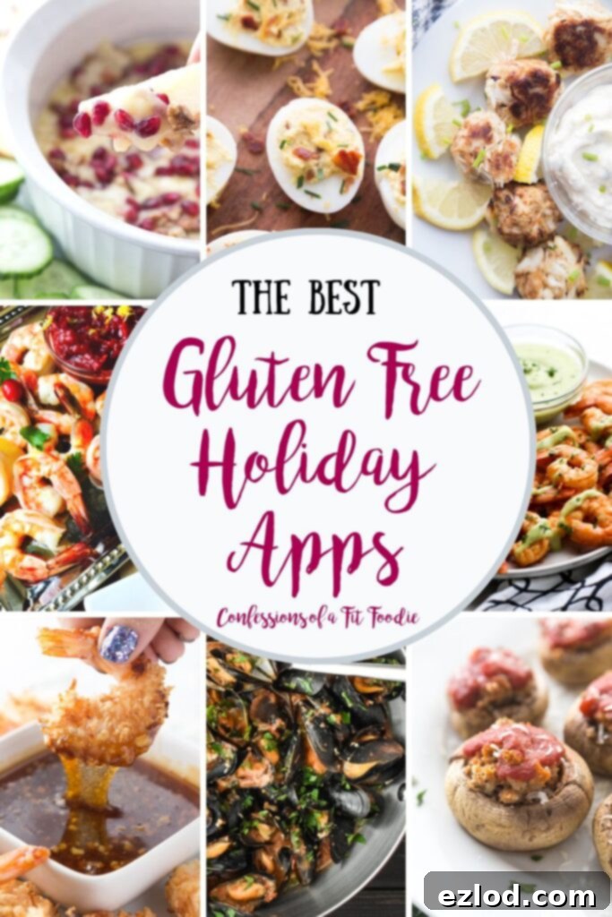 Food photo collage with text overlay gluten free holiday appetizers, featuring a variety of colorful and tempting gluten-free party snacks like dips, shrimp, and stuffed mushrooms.