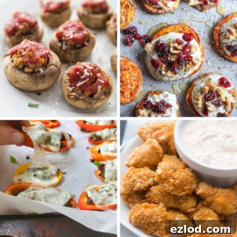 A spread of gluten-free warm appetizers, including stuffed mushrooms, mini arancini, and butternut squash latkes, ideal for a festive party.