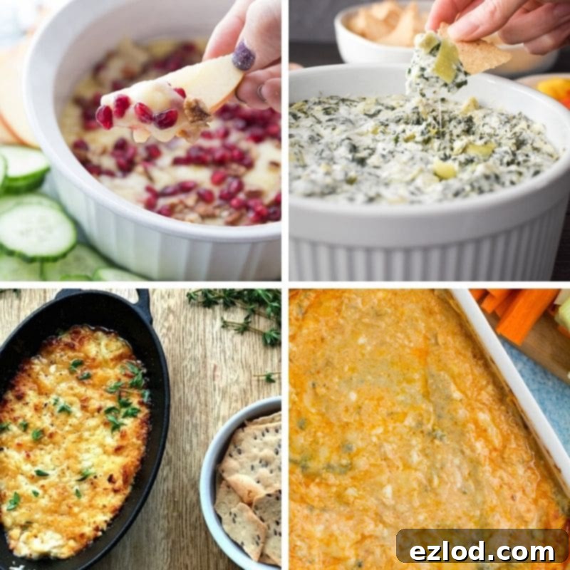 An array of delicious gluten-free dips, including baked brie and buffalo chicken dip, ready to be enjoyed with gluten-free dippers.