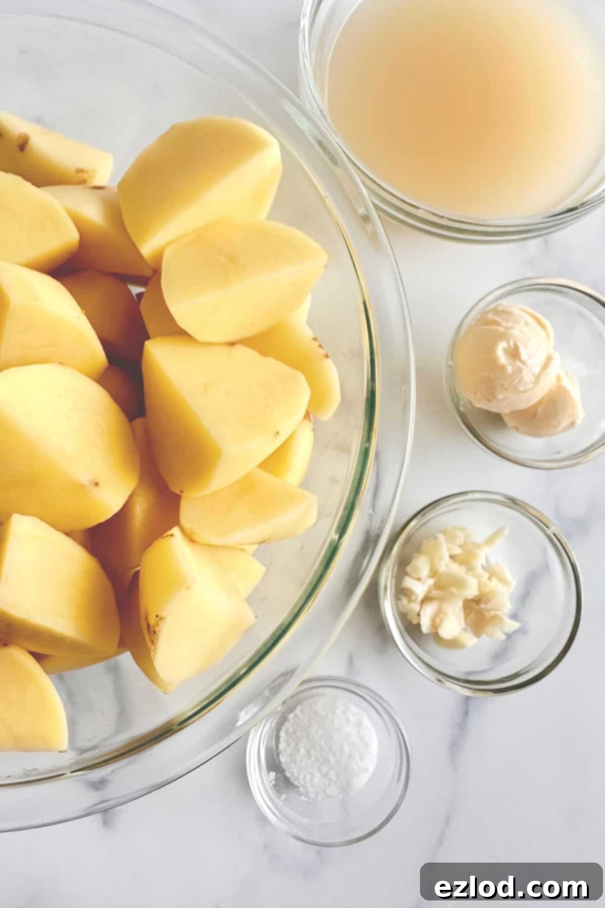 Ingredients for dairy free mashed potatoes: russet potatoes, chicken broth, vegan butter, salt, garlic. 